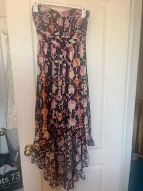 Mimi Chica Strapless Floral High-Low Maxi Dress in Black, Pink & Orange